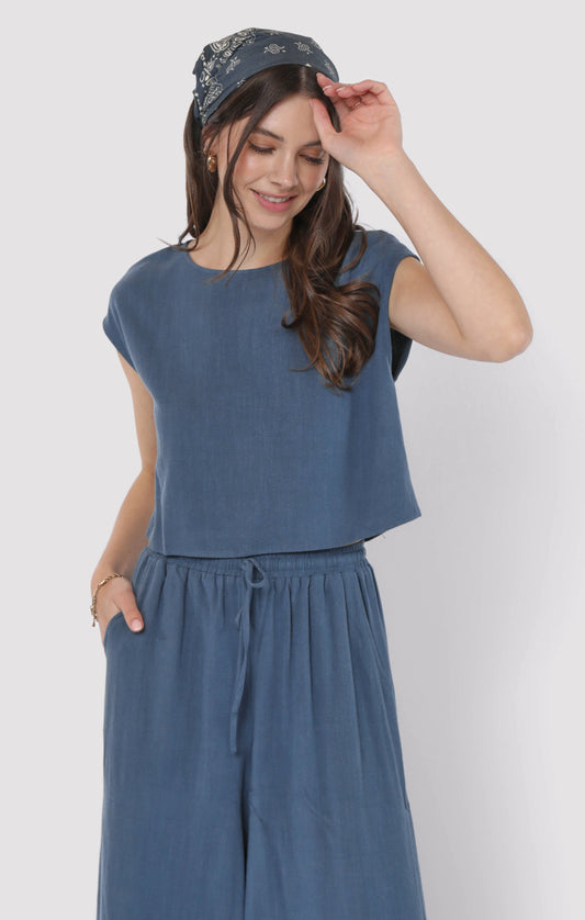 SUGARLOAF SLEEVELESS LINEN TOP - INDIGO