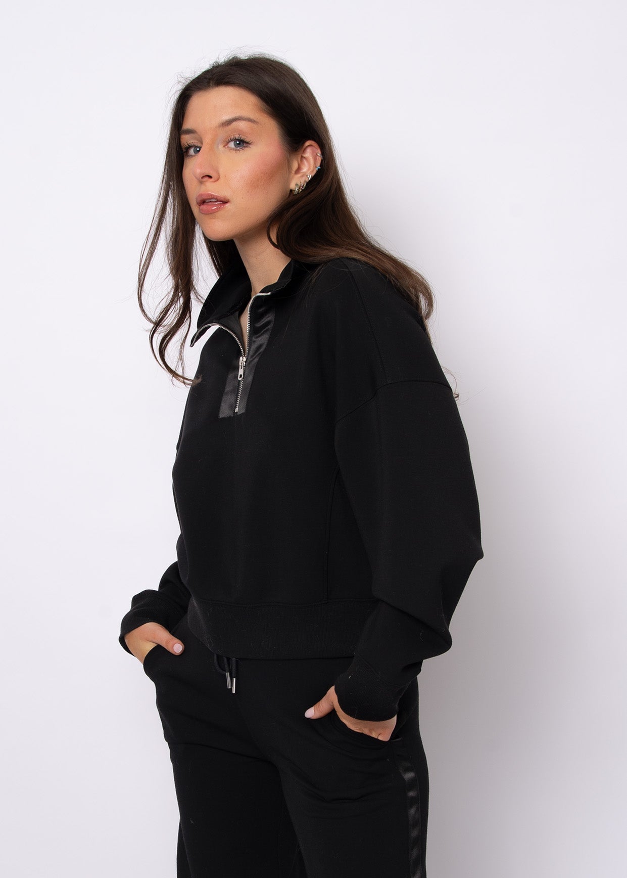 Mailyn Soft Knit Satin Trim Mock Neck Top