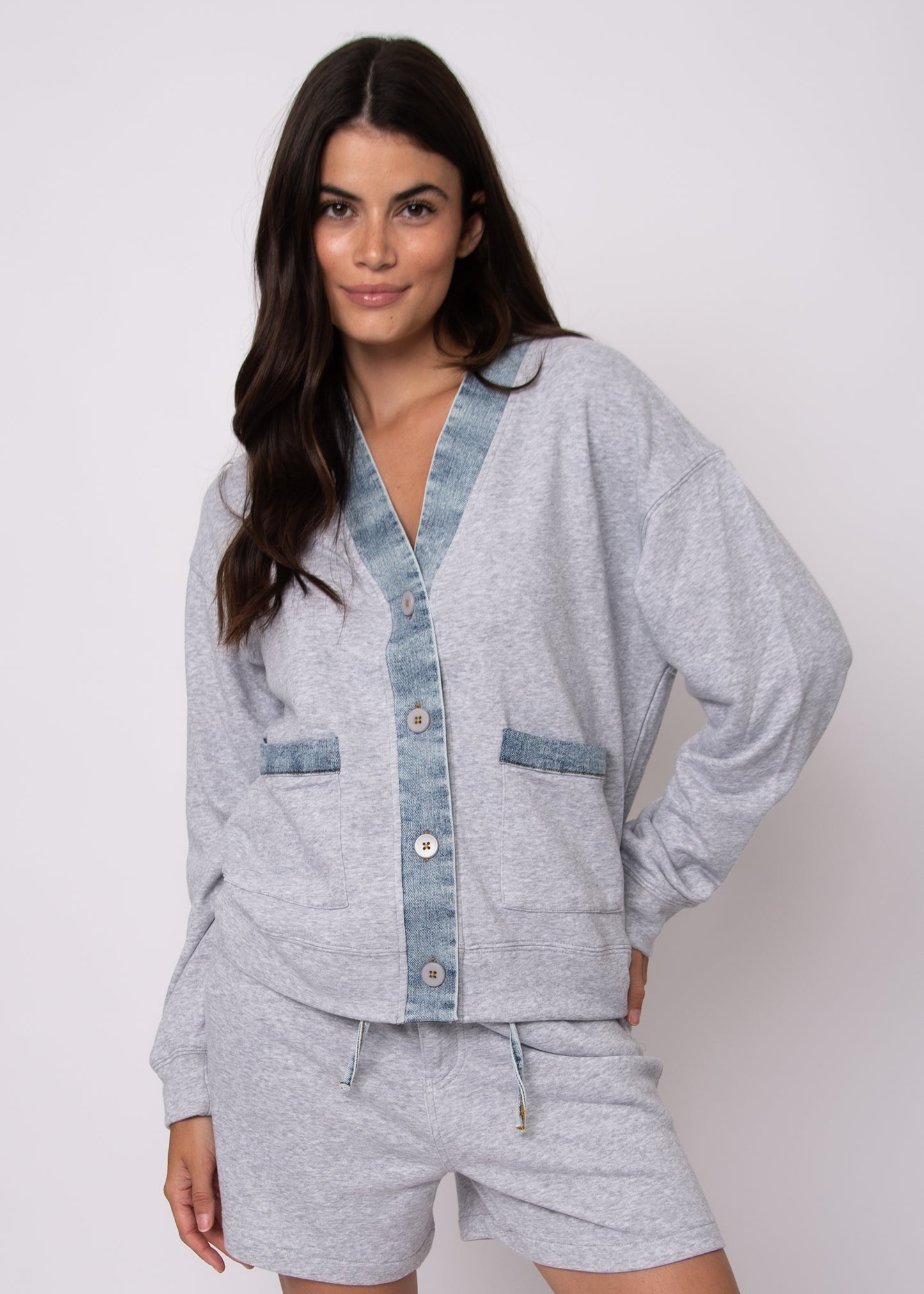Kellie French Terry W/Denim Long Sleeve Cardigan