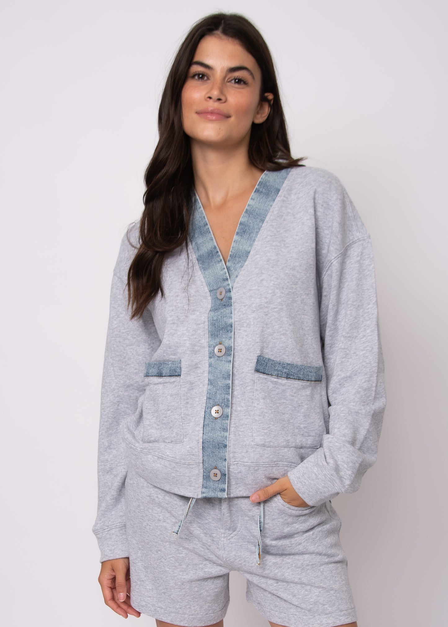 Kellie French Terry W/Denim Long Sleeve Cardigan
