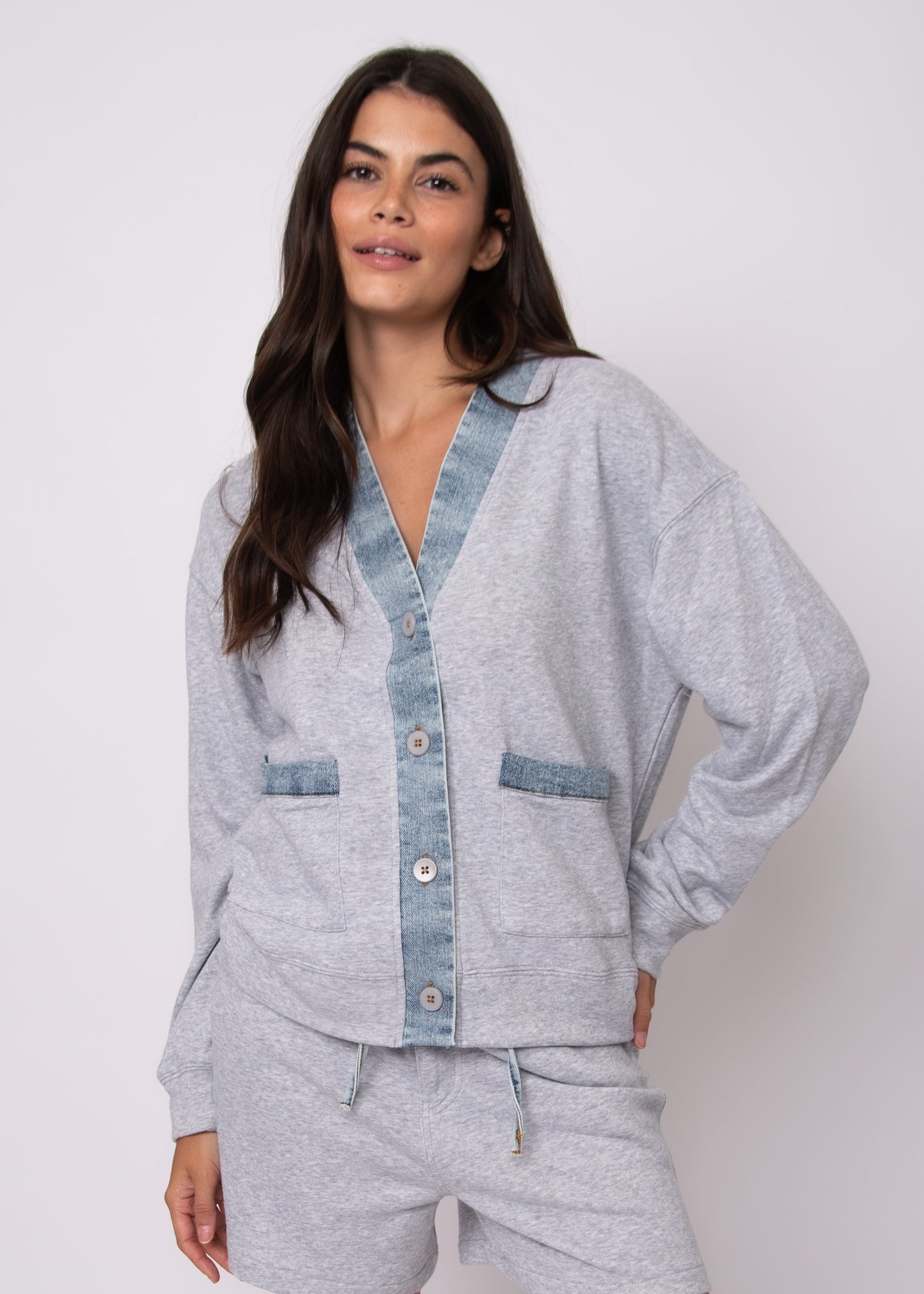 Kellie French Terry W/Denim Long Sleeve Cardigan