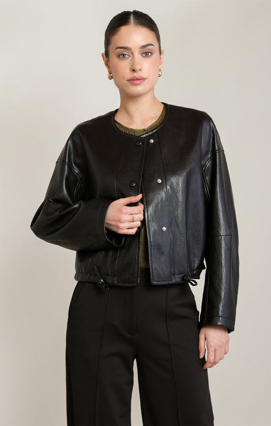 Collarless Faux Leather Jacket