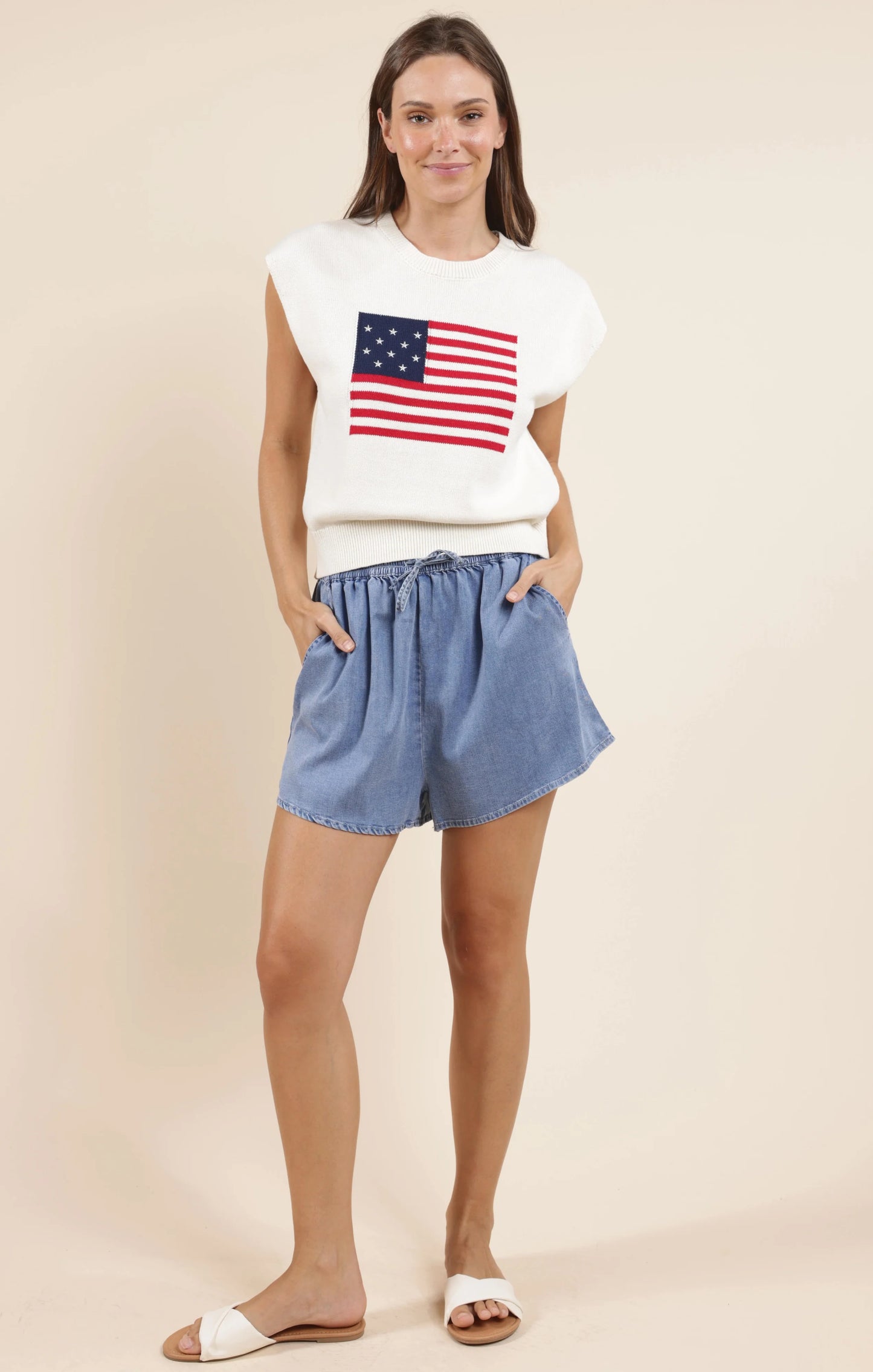 LONG VACAY DENIM ELASTIC WAIST SHORTS