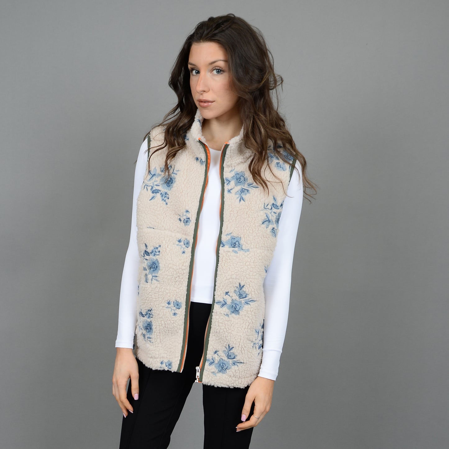 FLORAL EMBROIDERED SHERPA VEST