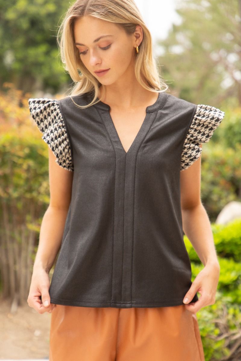 Houndstooth Sleeve Leather Top