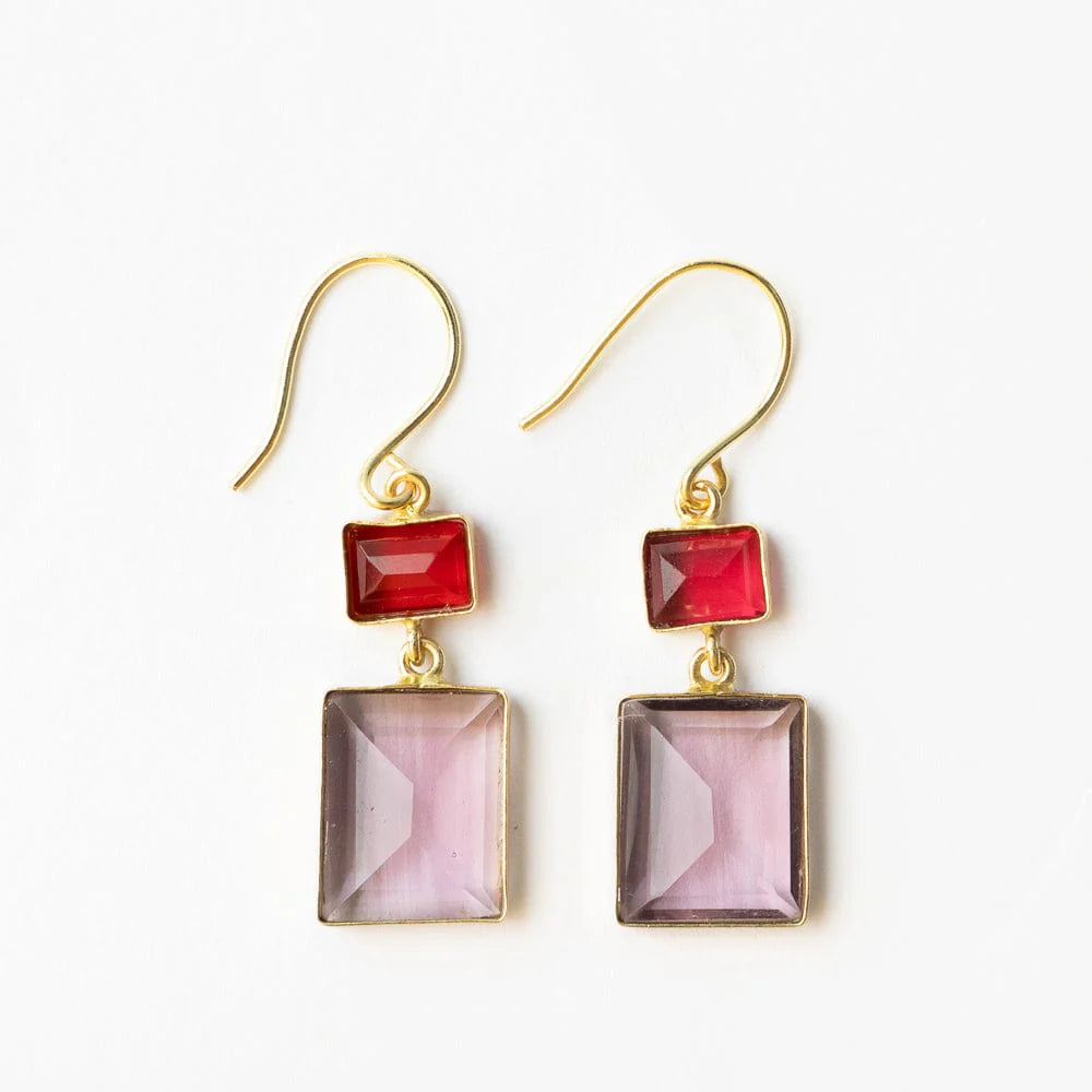 VERONICA TWO TONE COLOR CUT GLASS DANGLE EARRING - RED