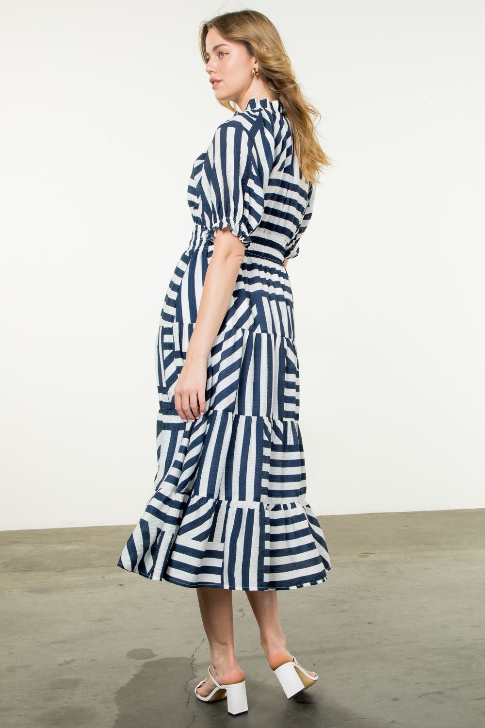 PUFF SLEEVE STRIPED TIERED DRESS